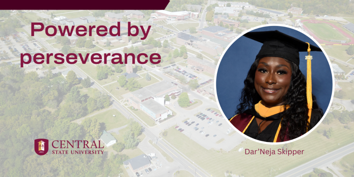 graphic with the words powered by perseverance and dar'neja skipper's photo in cap and gown