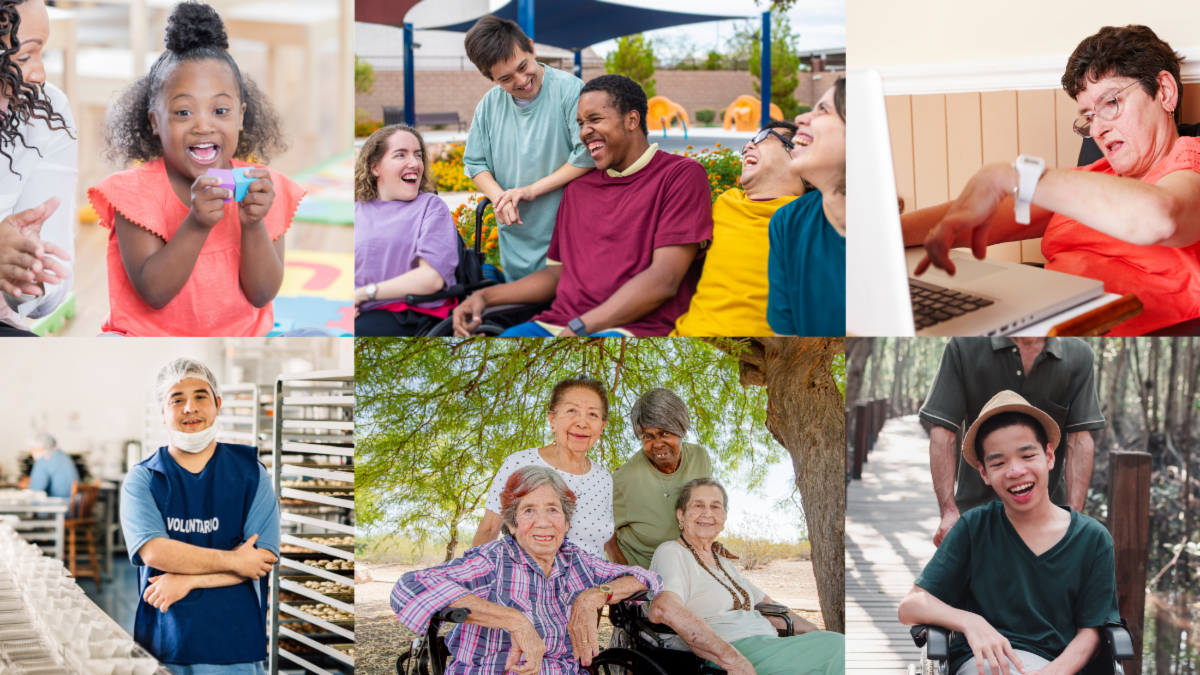 A collage of diverse people with developmental disabilities.