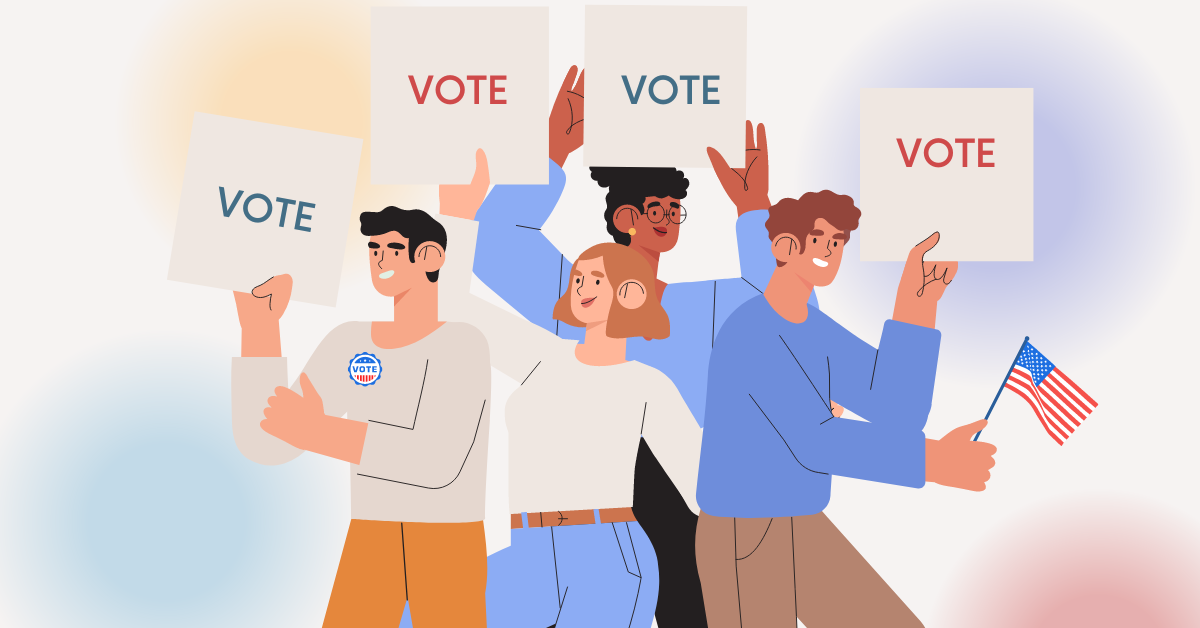 Illustration of 5 people holding signs that say VOTE.