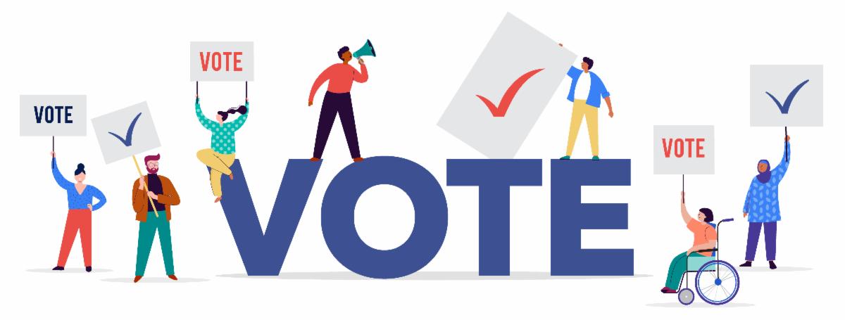 An illustration of a group of diverse people holding voting signs.