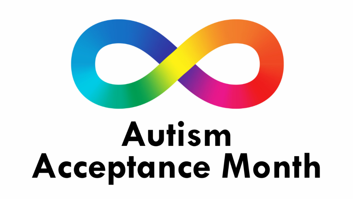 A multi-colored infinity symbol. Autism Acceptance Month.