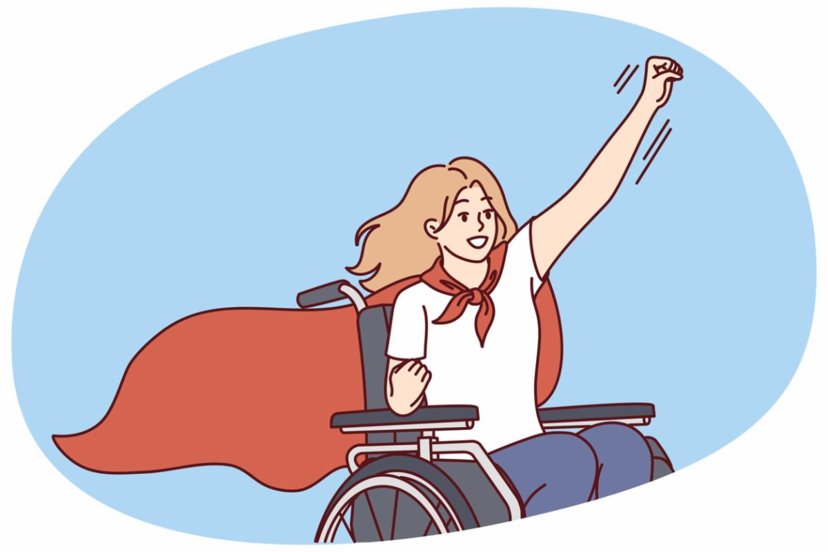 An illustration of a white woman in a wheelchair wearing a cape with her fist in the air.