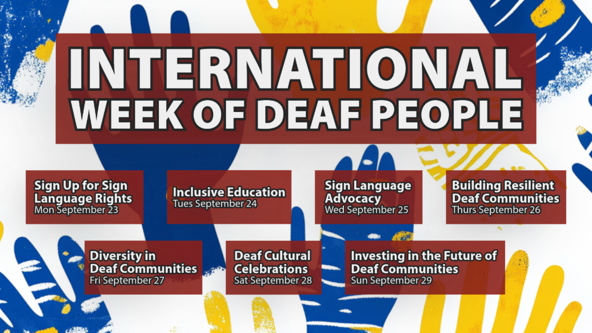 Banner with the text ‘International Week of Deaf People.'. Below, seven event topics with dates are listed in smaller text boxes: Sign up for Sign Language Rights (Monday September 23), Inclusive Education (Tuesday, September 24), Sign Language Advocacy (Wednesday, September 25), Building Resilient Deaf Communities (Thursday, September 26), Diversity in Deaf Communities (Friday, September 27), Deaf Cultural Celebrations (Saturday, September 28), and Investing in the Future of Deaf Communities (Sunday, September 29). The background features blue, yellow, and white handprints.