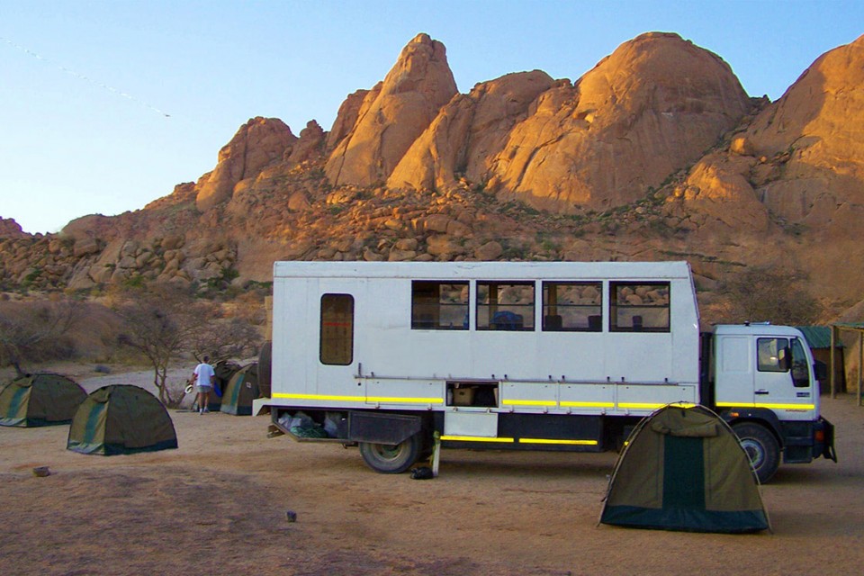 Namibia overland truck at Spitzkoppe