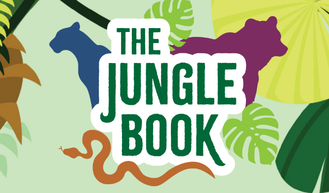 Jungle Book graphic shows illustrations of animals with text that reads "Jungle Book"
