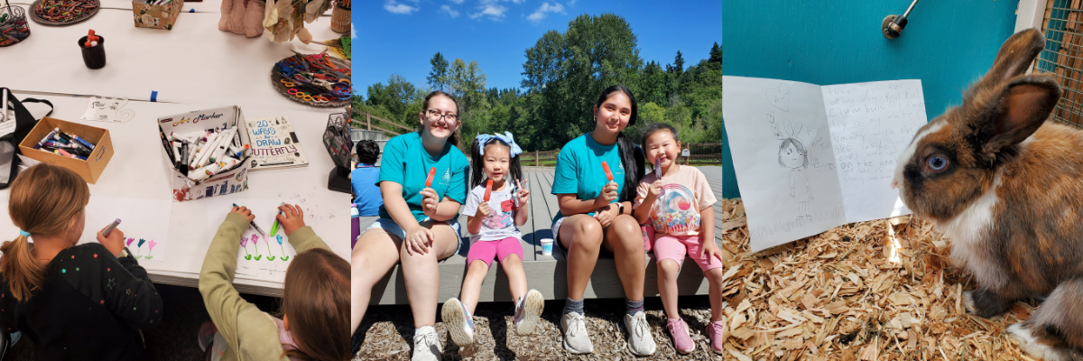 Kelsey Creek Farm participants smile for a group photo and create art, image also shows a bunny at the farm