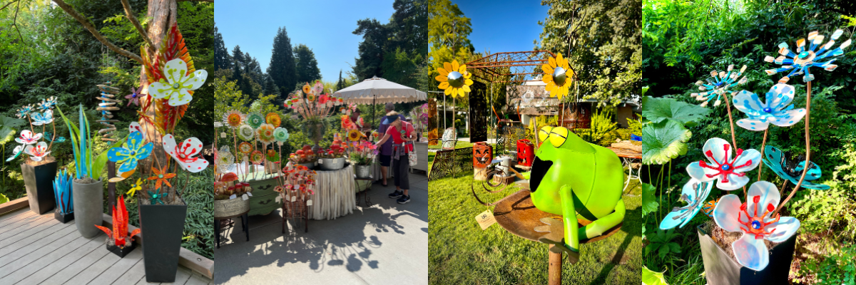 Photos from Bellevue Botanical Garden's Arts in the Garden event showing vendors and yard art