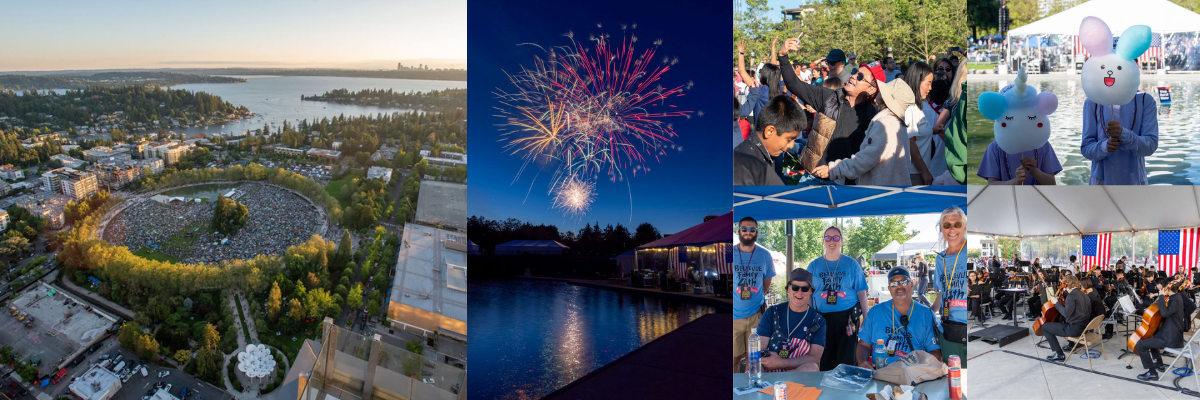 Images of Bellevue Family 4th event in Downtown Park show employees working the event, participants and attendees and an aerial photo of the park during the event as well as fireworks