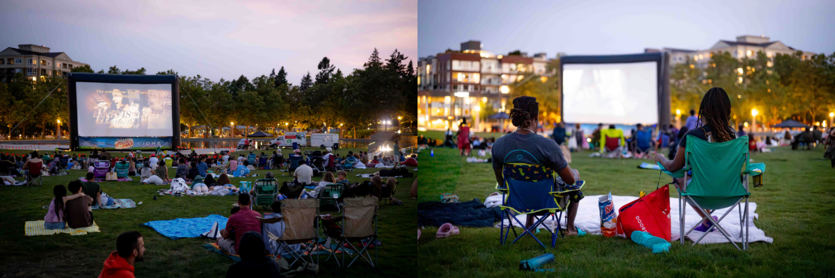 Photos from Downtown Movies in the Park showing people watching a movie outdoors on a large screen in Downtown Park