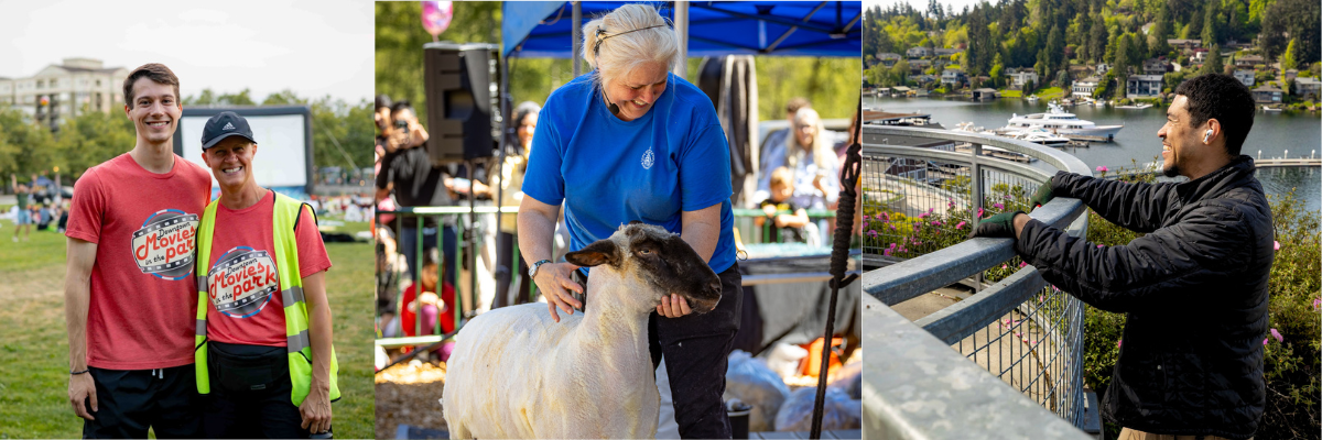City employees smile for a photo at Downtown Movies in the Park, Sheep Shearing and while working at Meydenbauer Bay Park