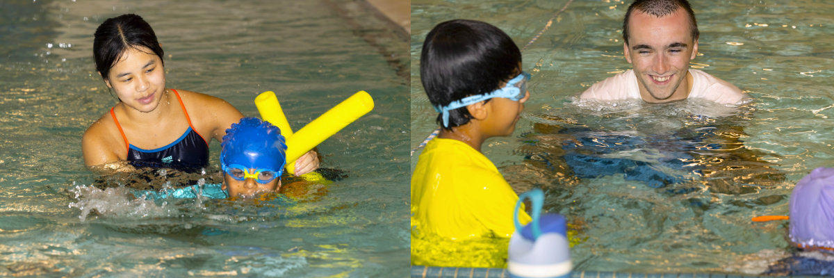 Swim instructors guide children learning how to swim at Bellevue Aquatic Center