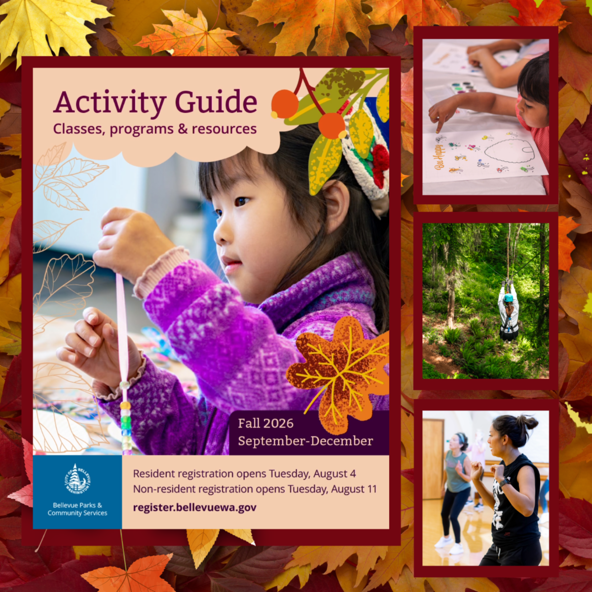 Fall Activity Guide cover featuring program participants and illustrations of fall foliage as well as the City of Bellevue logo