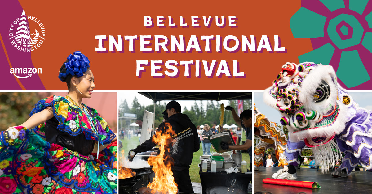Bellevue International Festival graphic featuring event participants and performers with text that reads "Bellevue International Festival" as well as the Amazon logo and City of Bellevue logo