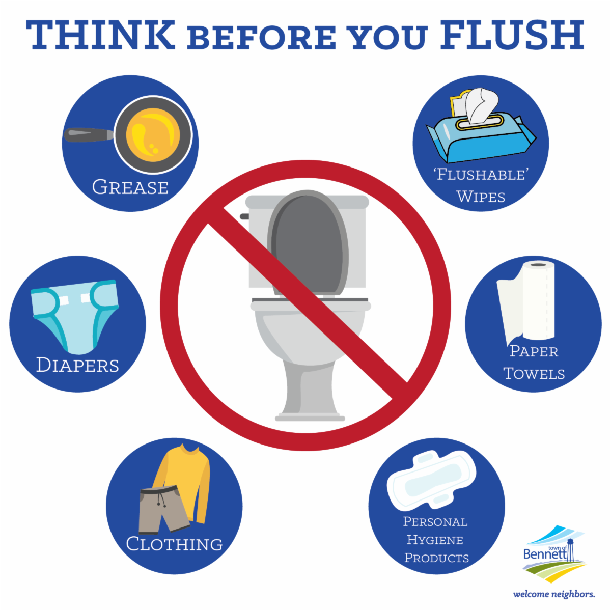 Graphic says "think before you flush" - and shows you different items that you should NOT attempt to flush.