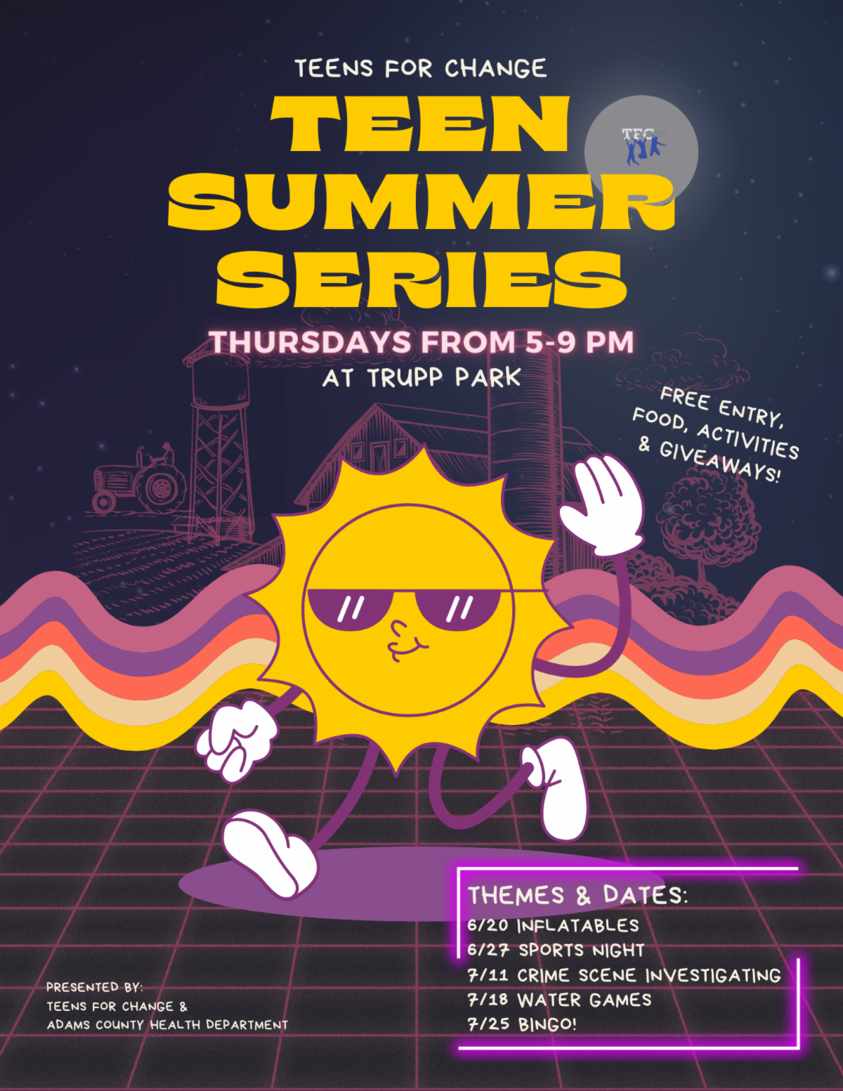 A purple and gold graphic that describes dates and activities for a Teen Summer Series at Trupp Park.