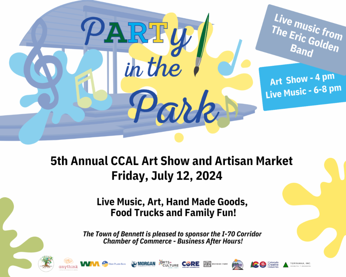 Party in the Park graphic with information about the art show and live music