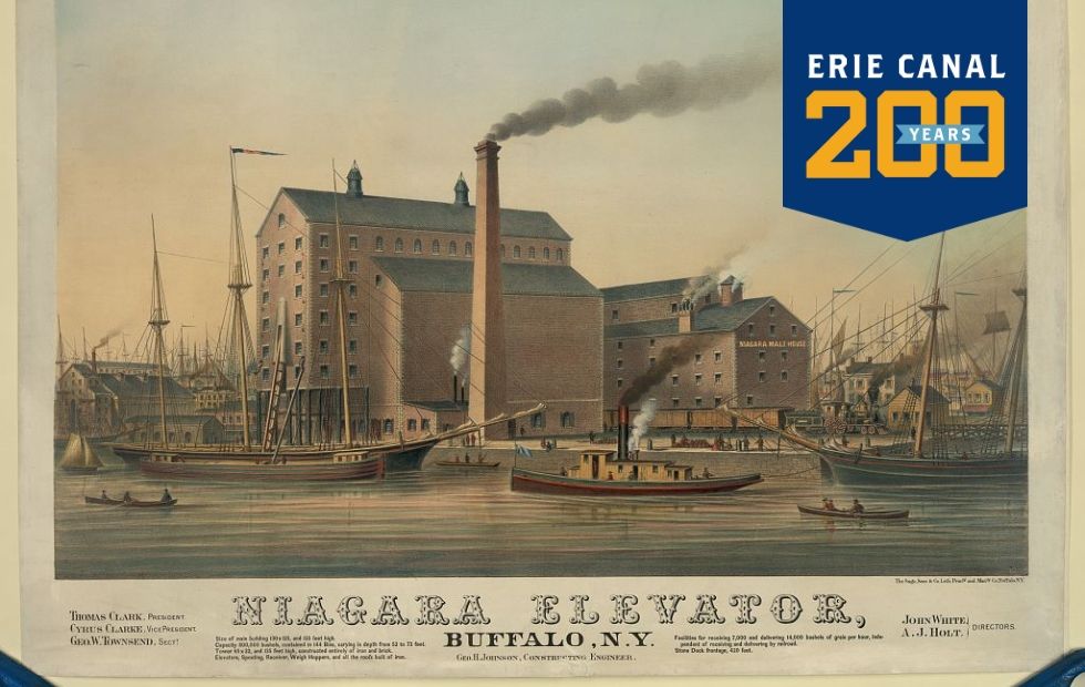 Historic image of Buffalo's waterfront showing a grain elevator