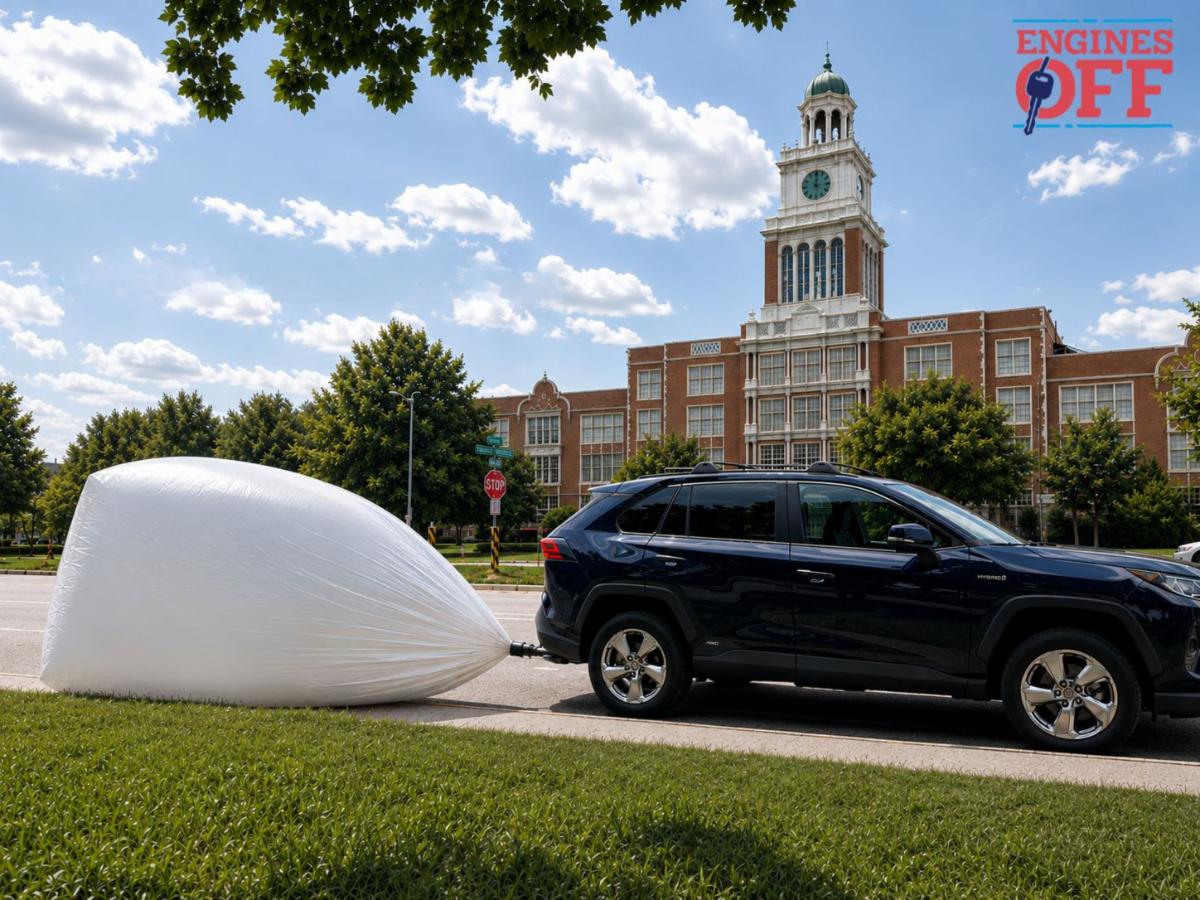 Giant bag attached to car's tailpipe inflates with gas