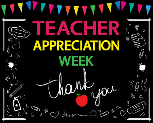 Teacher appreciation week concept. Thank you lettering and red apple on blackboard. Garland and school patterns.