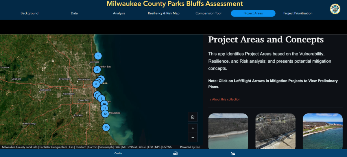 A screenshot from the Milwaukee County Parks Bluff Assessment Tool showing a map of the project area.