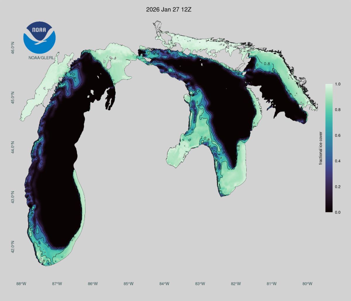 Map showing current ice cover concentration on Lake Michigan-Huron.