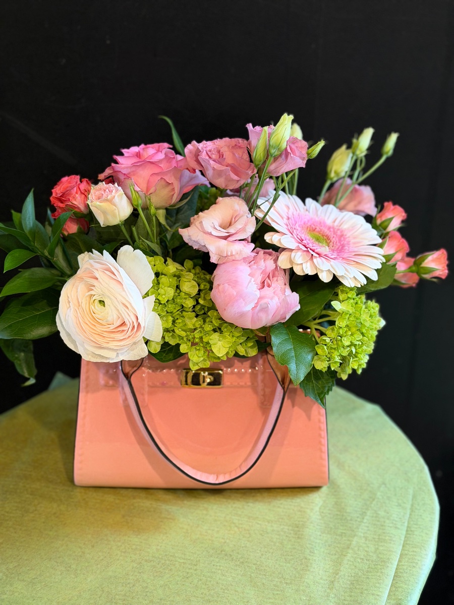 Pretty in Pink Purse — lush pink blooms in a chic handbag vase