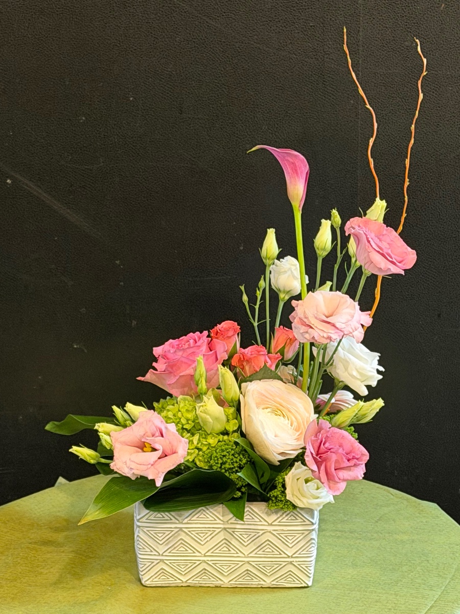 Pink Whisper — elegant Ikebana style arrangement in a geometric vase