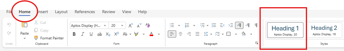 Screenshot of Microsoft Word toolbar highlighting the Home tab and Heading 1 style option.