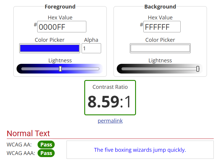 Screenshot of a color contrast checker displaying a passing contrast ratio of 8.59 to 1 for dark blue text on a white background