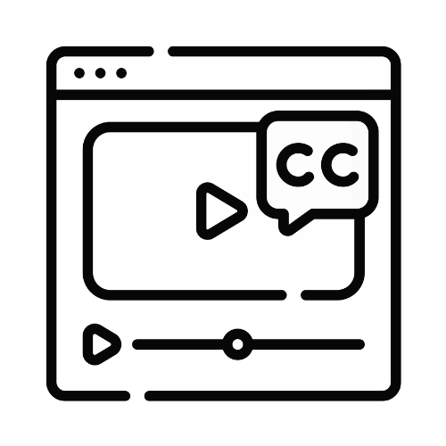 Illustration of a screen tab displaying a video icon with CC letters in black and white