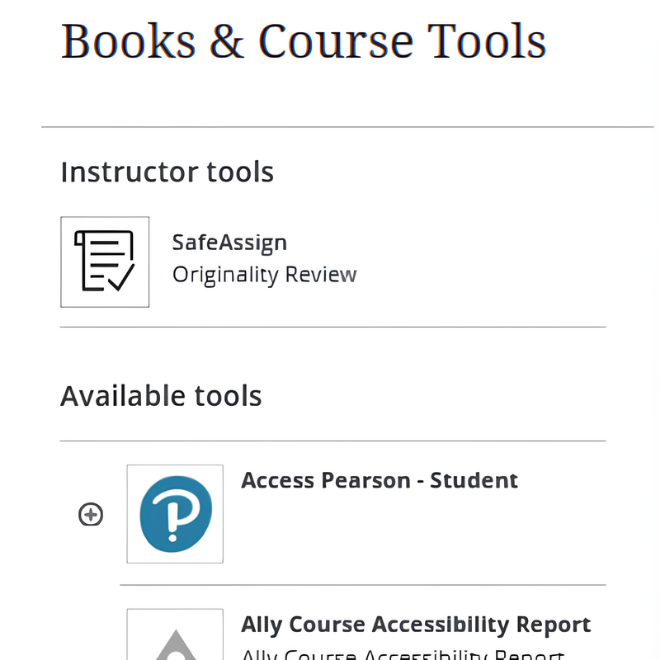 Blackboard Books & Course Tools menu with Ally Course Accessibility Report highlighted.