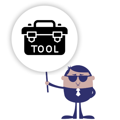 Illustration of a man wearing sunglasses and a tie holding a white circular sign with a toolbox icon and the word “Tool.”
