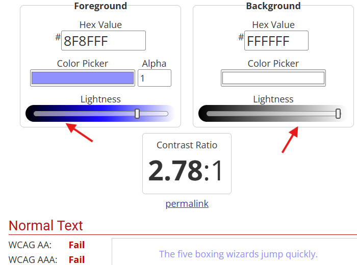 Screenshot of a color contrast tool displaying a failing contrast ratio of 2.78 to 1 for light blue text on a white background.