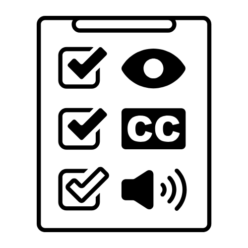 Checklist with check mark icons next to a vision icon a CC closed captions icon and a volume icon.