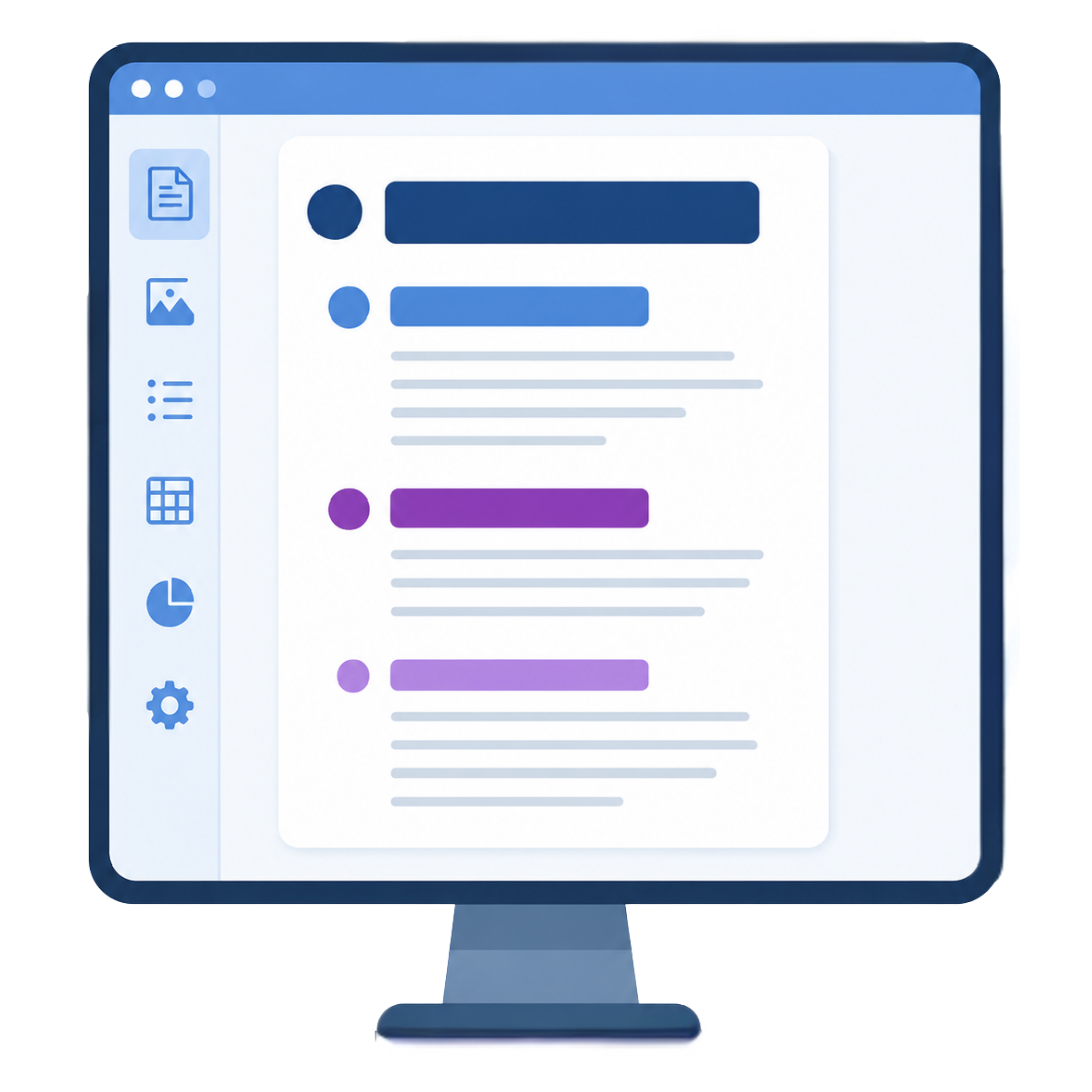 Illustration of a computer monitor displaying structured document headings and text layout.