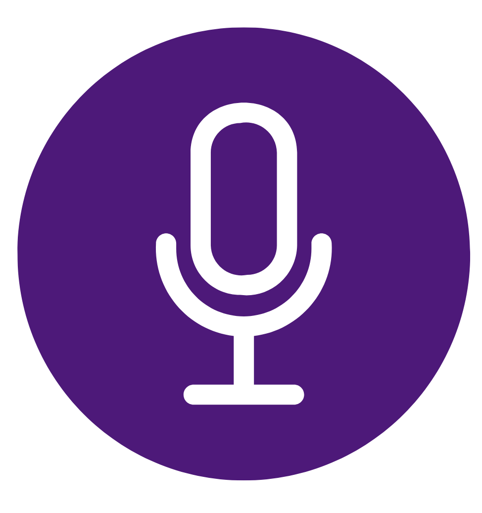 alt text White line-art microphone icon inside a dark purple circle on a light background