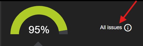 An gauge showing an Ally course accessibility score of 95% next to an 'All issues' button with a red arrow pointing to it.