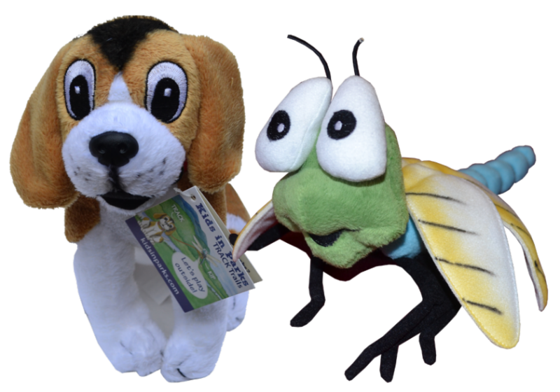 Plush toys for Track, a dog, and Kip, a dragonfly.