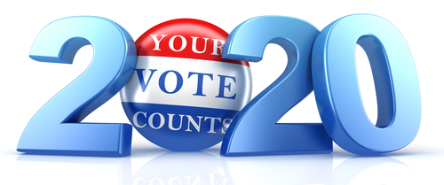 Vote 2020. Red_ white_ and blue voting pin in 2020 with Your Vote Counts text. 3d render.