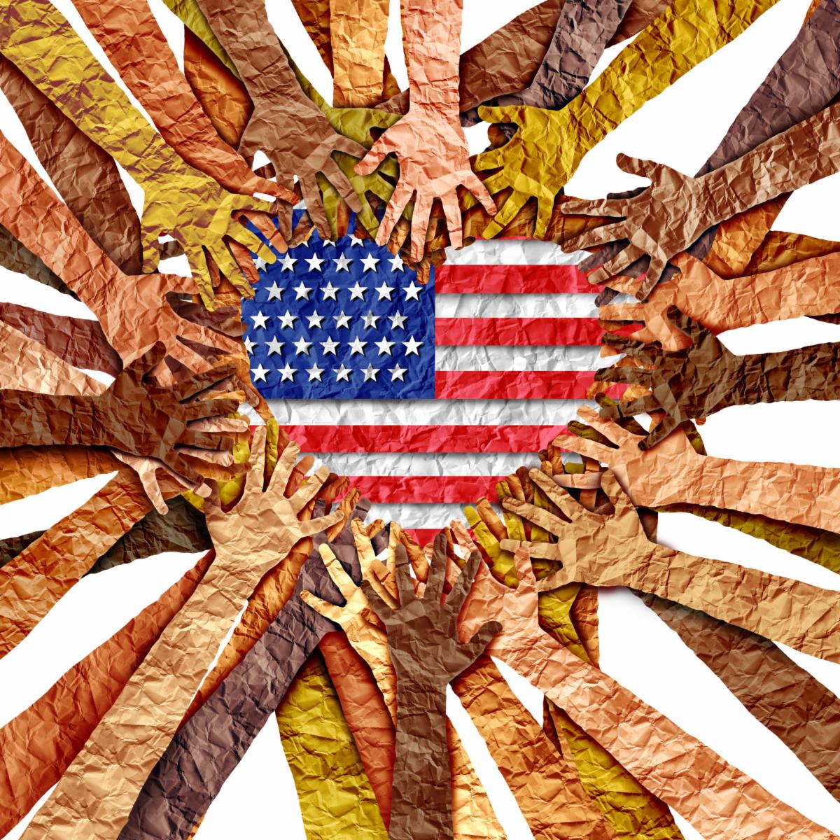Memorial Day observance USA as a federal Holiday mourning the fallen soldiers of the United States military and honouring US armed forces death as diverse hands joining to honor the nation as a heart shape.