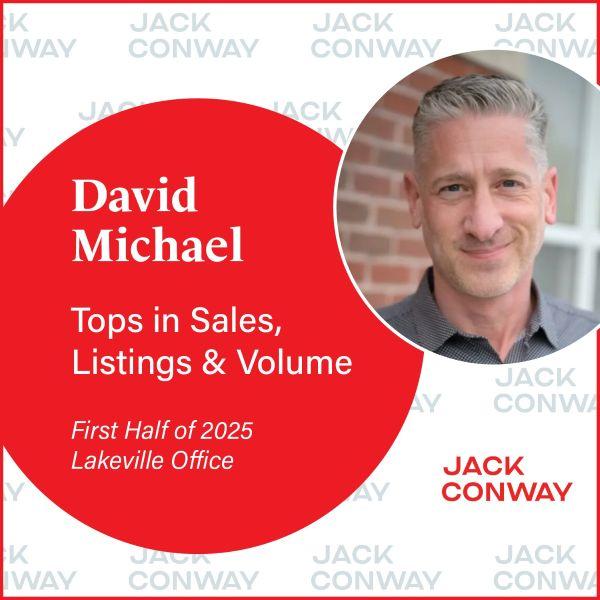 Picture of David Michael with the words tops in sales listings and volume first half of 2025 Lakeville office