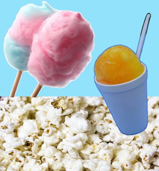 Collage of popcorn pink cotton candy and an orange snow cone