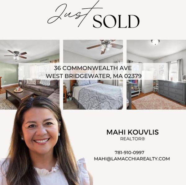 The words Just Sold over three images of a house interior a living room and a bedroom 36 Commonwealth Ave West Bridgewater