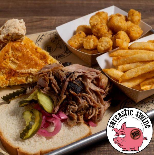 Image of Pulled Pork pickles pickled onions cornbread fries
