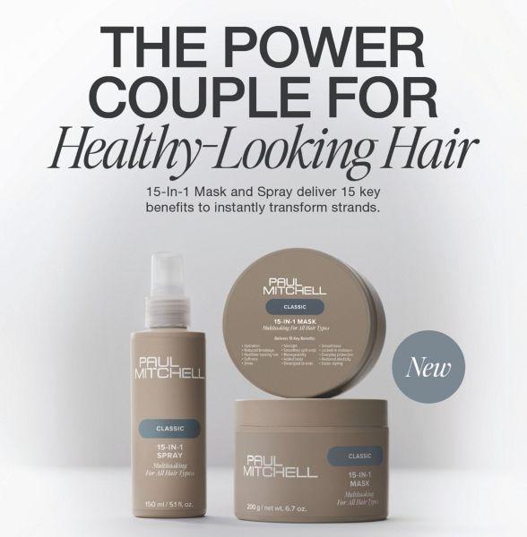 The words the power couple for healthy looking hair 15 in one mask and spray deliver 15 key benefits to instantly transforms strands over the image of Paul Mitchell hair products