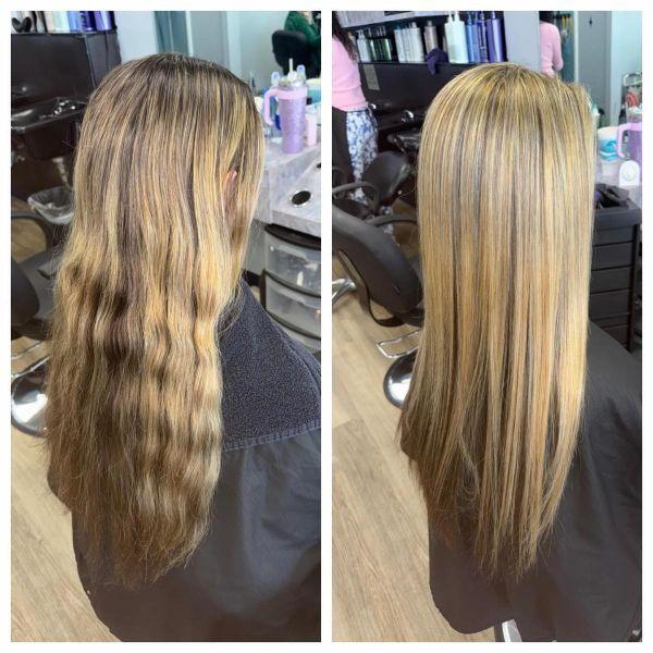 Side by side before and after photos the first long wavy brown hair with grown out highlights the second silky straight hair with caramel highlights