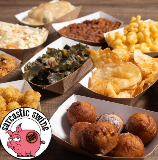 Picture of meal sides hushpuppies chips beans mased potatoes coleslaw mac and cheese