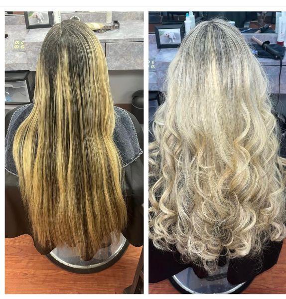 Side by side picture of the back of someone's head first picture shows grown out highlights the other picture shows freshly dyed and curled blonde hair 