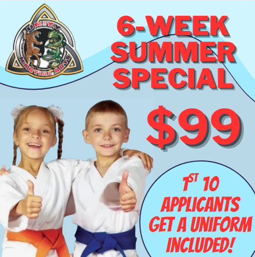 a young girl and a boy in white karate uniforms standing with their arms around each other giving a thumbs up beside the words in red text 6 week summer special 99 dollars first 10 applicants get a uniform included
