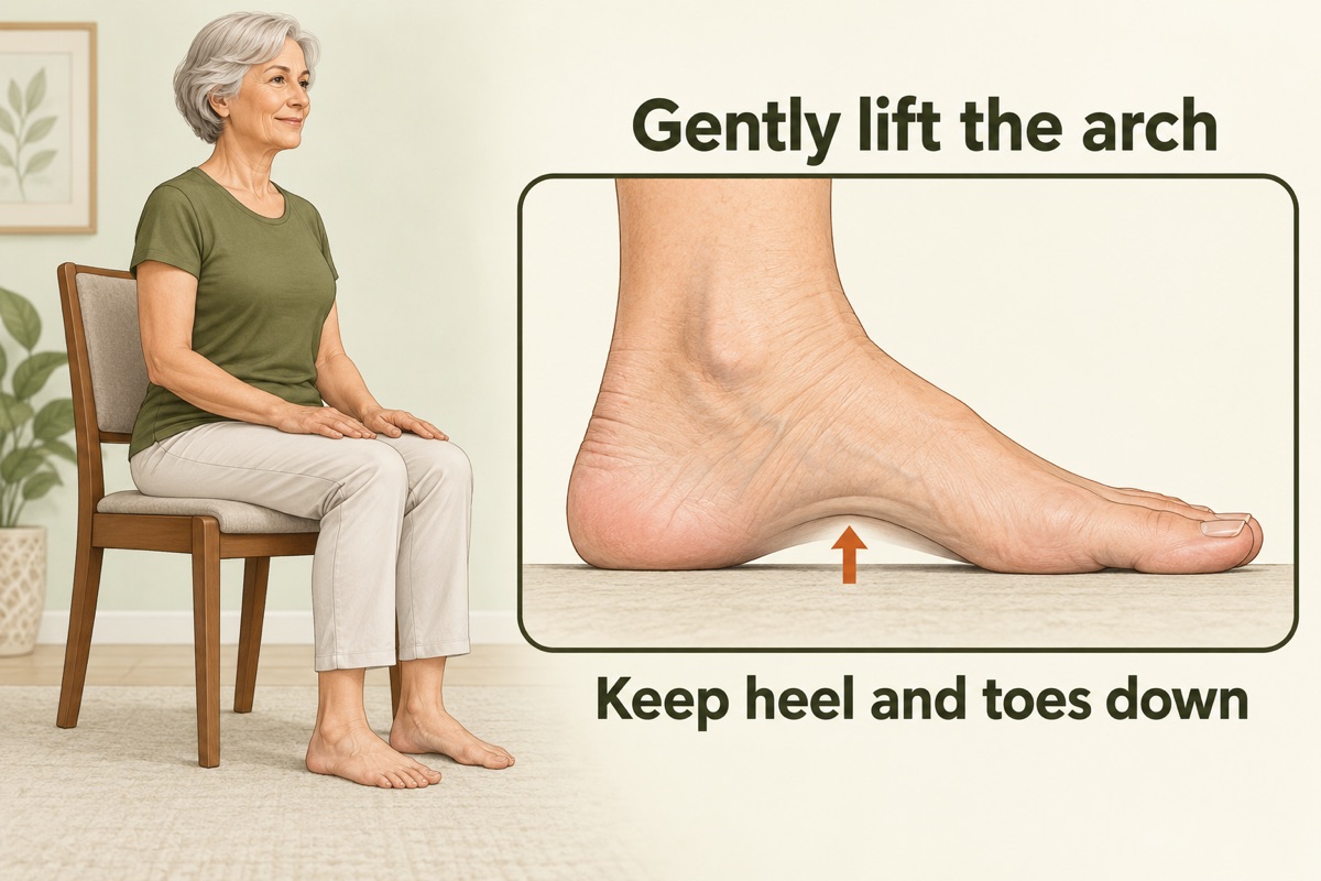 Seated short-foot exercise: a gentle arch lift while the heel, ball of the foot, and relaxed toes stay on the floor.